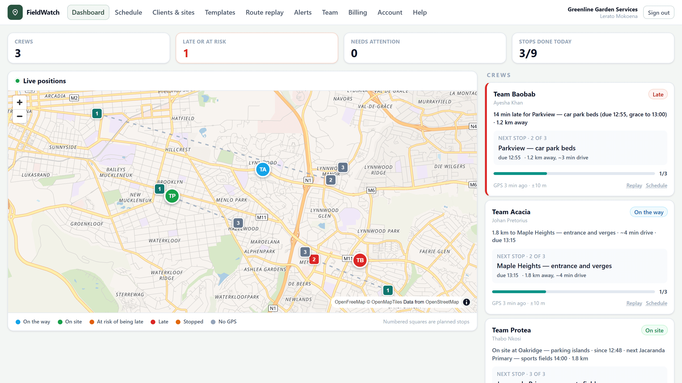 The FieldWatch dashboard: three crews on a live map of Pretoria, with each crew's status and next stop.